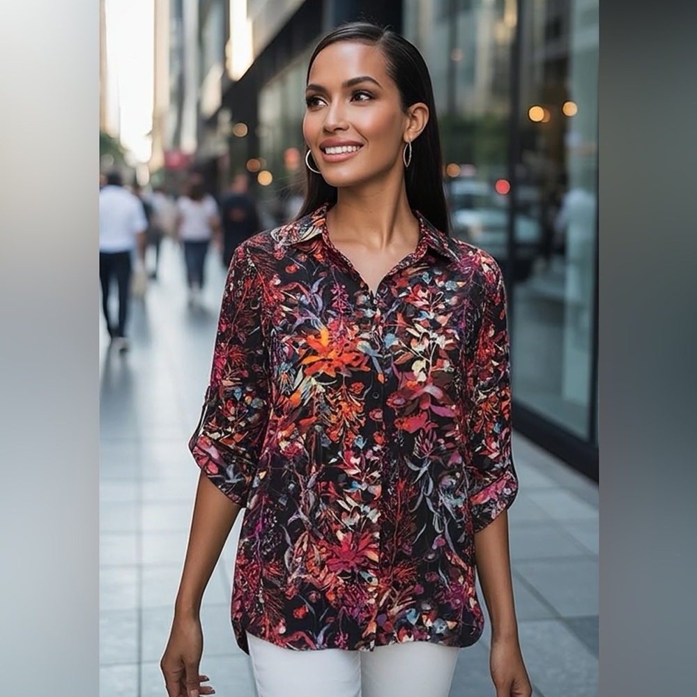 Cupio Floral Button-Down Adjustable Sleeve Lightweight Blouse